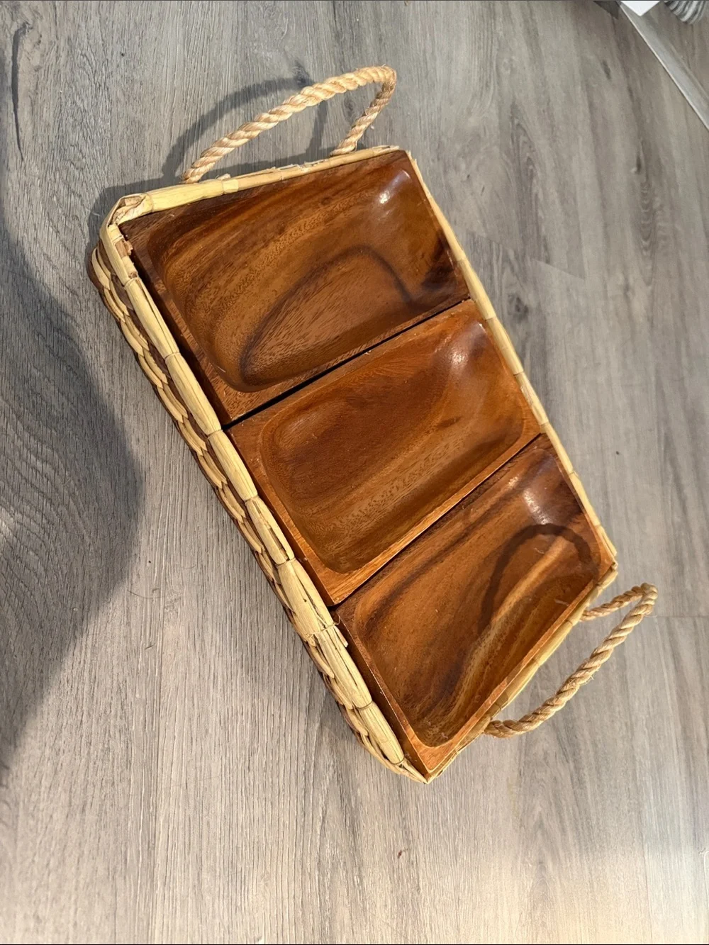 Vintage Teak Divided Serving Tray with Woven Basket & Rope Handles 💕